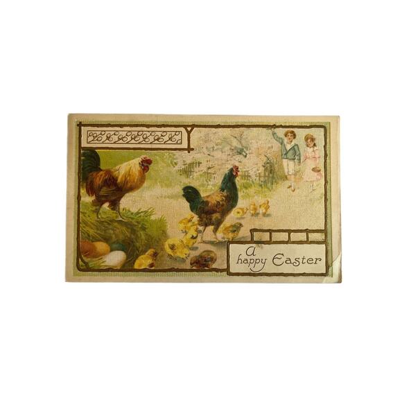 Antique 1914 Easter Greetings Postcard Boy Girl Chickens With Hatched Chicks SEE - Picture 3 of 9